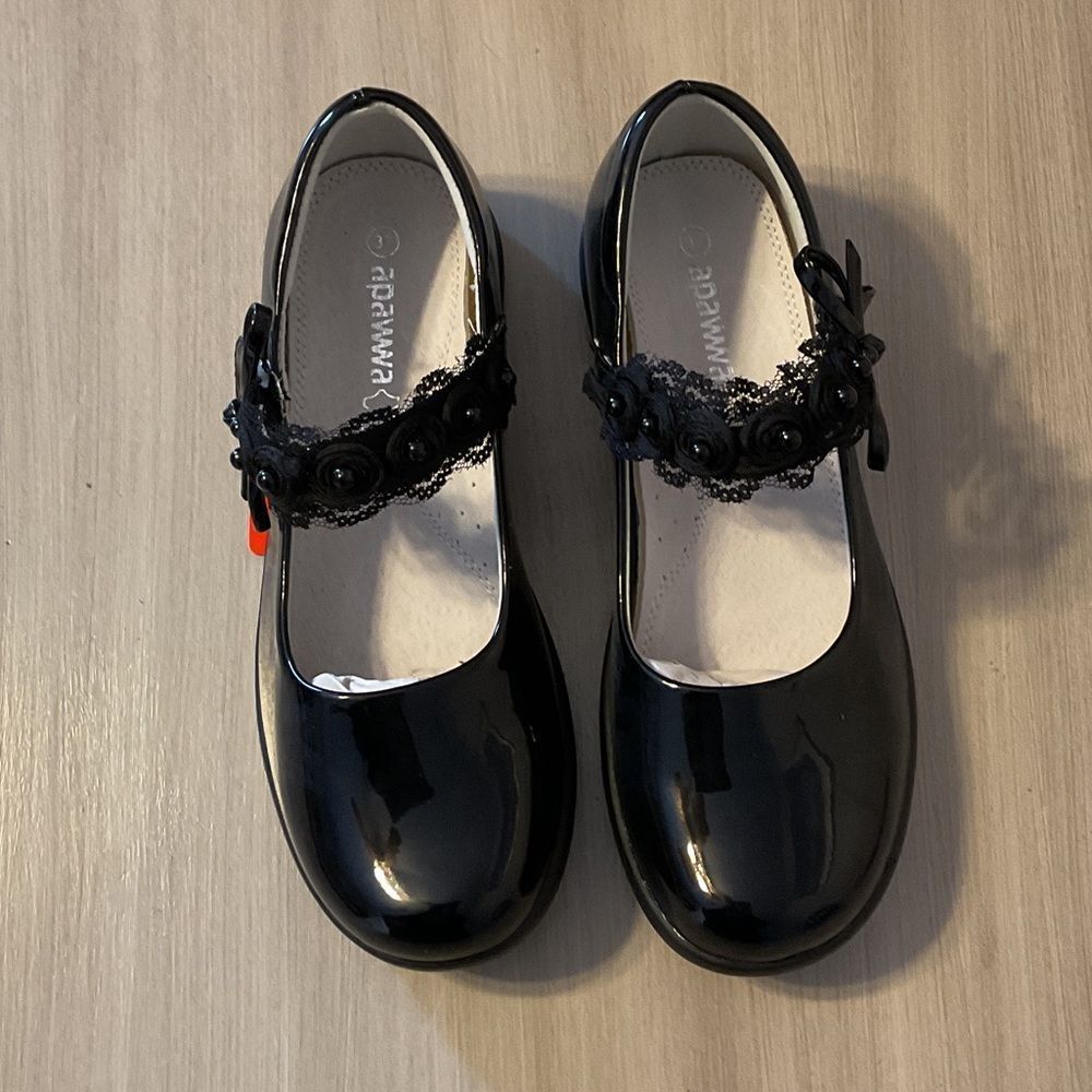 Black Girls Dress Shoes with Floral Strap